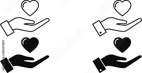 Hand holding heart symbol in outline and silhouette style