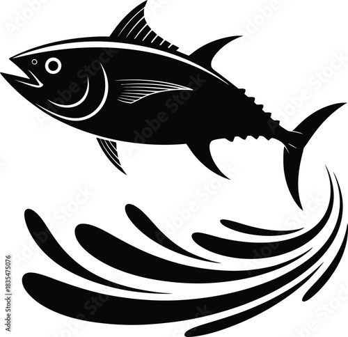 Dynamic tuna fish leaping out of water splash silhouette