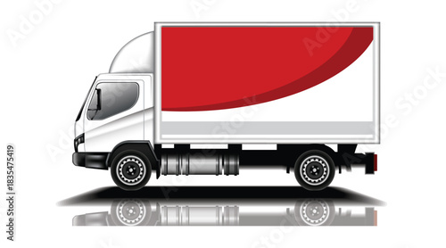 A white delivery truck with a large red graphic on its cargo box, casting a reflection on a white surface.