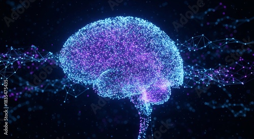 Abstract Glowing Blue Neural Network AI Background. abstract background representing an artificial intelligence neural network. Thousands of glowing blue and purple connection points