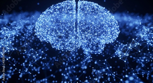 Abstract Glowing Blue Neural Network AI Background. abstract background representing an artificial intelligence neural network. Thousands of glowing blue and purple connection points