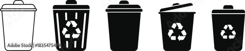 Set of recycling bins with recycle symbol and lid