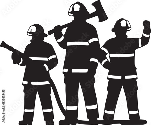 Silhouettes of first responders in various poses and roles on a white background, including firefighters, police officers, and paramedics