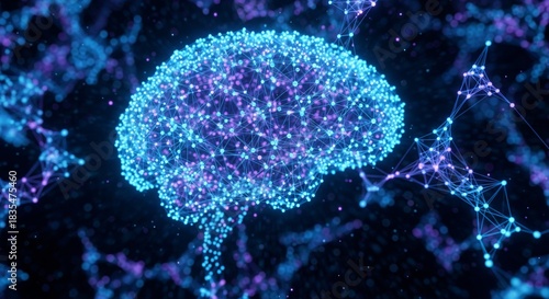 Abstract Glowing Blue Neural Network AI Background. abstract background representing an artificial intelligence neural network. Thousands of glowing blue and purple connection points