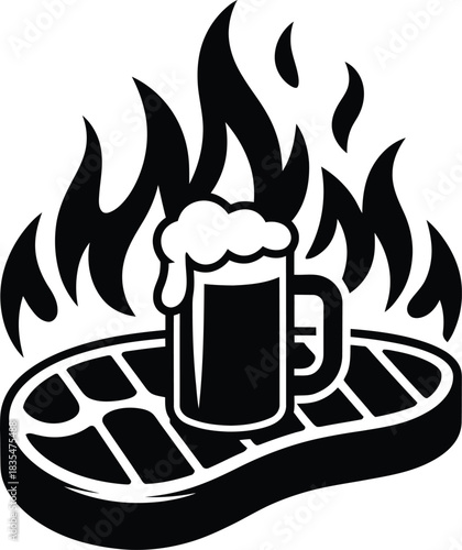 Barbecue party with steak beer and fire silhouette