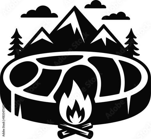 Camping steak grilling mountain silhouette icon