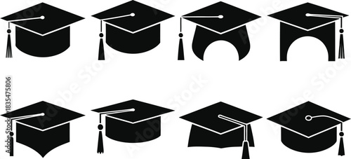 Graduation cap collection black and white silhouette vector art