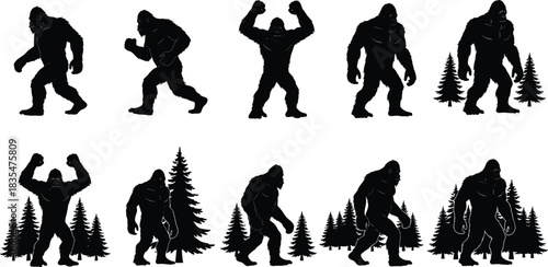 Black Bigfoot Sasquatch Silhouette Set, Mythical Hairy Primate Poses with Pine Trees, Wild Creature Isolated on White Background, Cryptid Monster Flat Vector Illustration