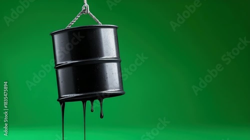 Black oil barrel hanging and dripping against a vivid green background