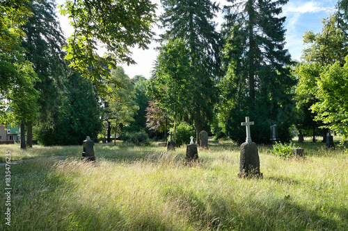 Viele einzelne Grabsteine verstreut auf einer Wiese auf einem Waldfriedhof in Memmingen