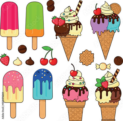 Create kinds of Ice cream colorful drawing clipart set. Popsicle stick and ice cream cone clip art with sweet flavor elements vector illustration summer dessert flat collection on white background.
