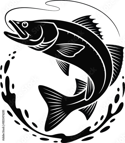 Leaping bass fishing with water splash silhouette