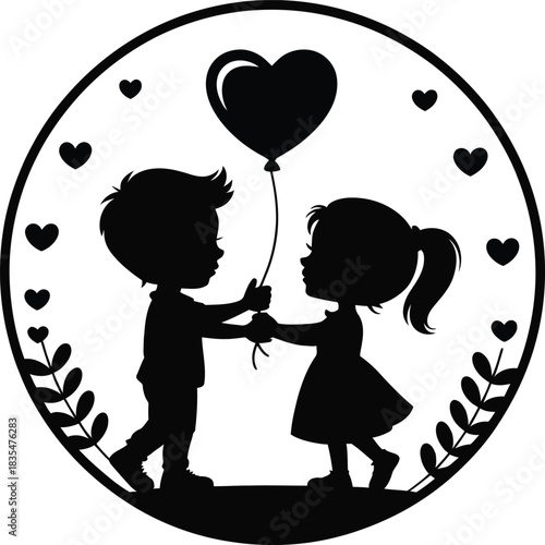 Children sharing heart balloon love circle silhouette