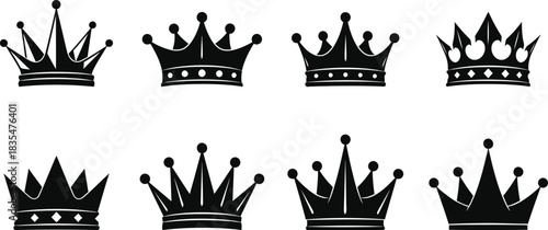 Collection of hand drawn crowns black and white illustration