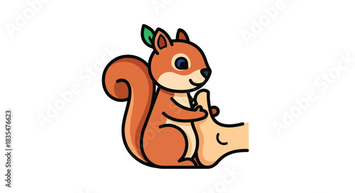 Cartoon squirrel with a leafy ear, climbing a hand giving a thumbs up