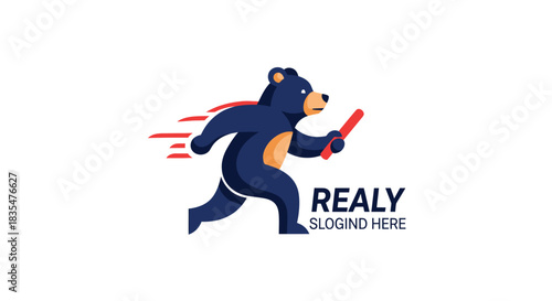 Cartoon-style, a bear runs with a baton