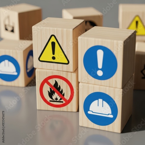 Wooden Blocks Displaying Safety Signs and Hazard Warnings Concept