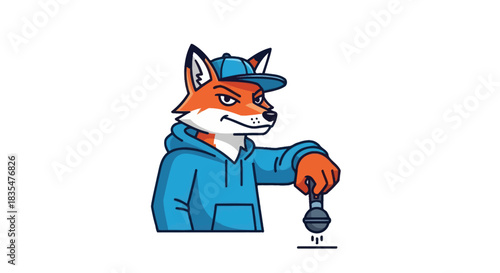 Cartoon fox with a cap and hoodie holds a microphone
