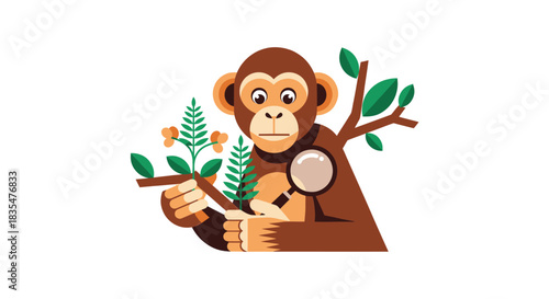 A stylized monkey carefully examines plants using a magnifying glass