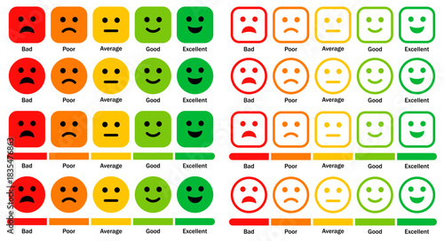 Colorful rating emoji set showing bad to excellent feedback faces for surveys and reviews. Vector illustration.