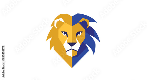 Geometric lion face, split golden-blue, on white