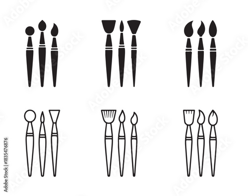 Set of various makeup brush icons or artist paint brush symbols flat style and outline style
