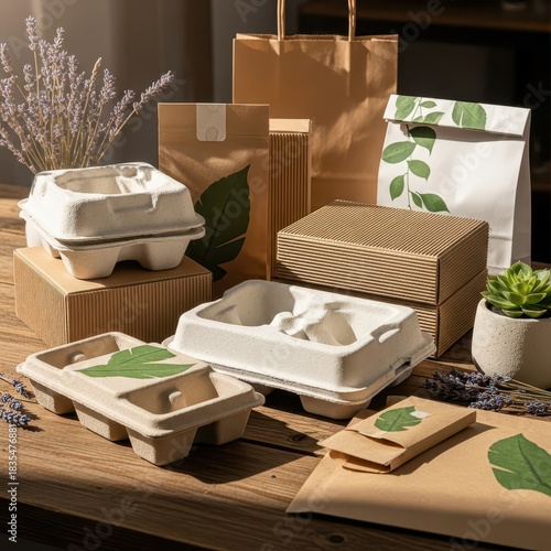 Assortment of molded fiber and paper packaging materials arranged on a wooden surface