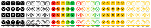 Collection of rating emoji faces with bad, poor, average, good, and excellent feedback. Surveys, customer reviews, ui elements, dashboards, and user experience design.