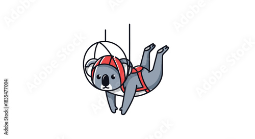 Cartoon koala on trapeze, wearing a red helmet and safety harness, upside down