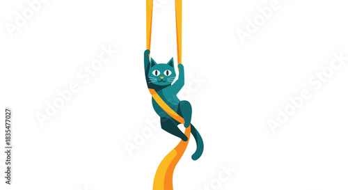 Cartoon teal cat hangs from gold silks