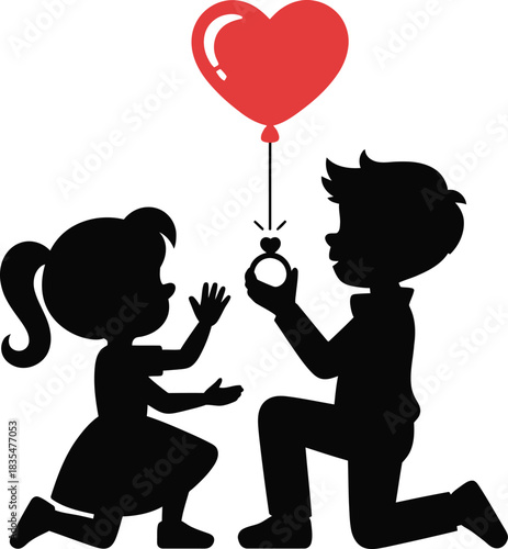 Marriage proposal heart balloon and ring silhouette