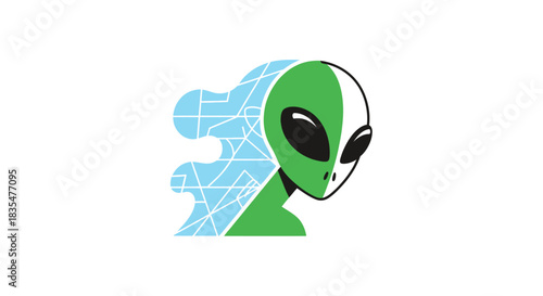 Green alien head with blue geometric lines