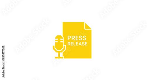 Yellow graphic features a microphone beside a document labeled "Press Release