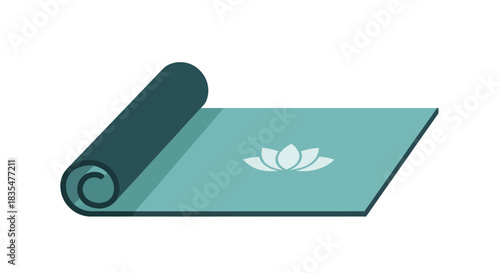 Partially rolled turquoise yoga mat with lotus
