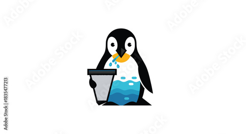 Cartoon penguin with a bucket