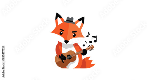 Cartoon fox playing ukulele, wearing a hat