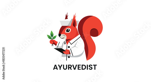 A squirrel doctor, in a white lab coat, holding leaves and a tablet