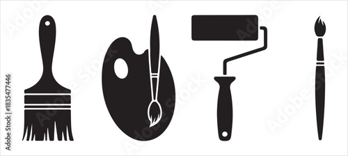Paint brush black silhouette and outline icon set isolated on white background