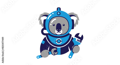Koala mechanic in blue jumpsuit, holding wrench