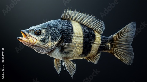 Beautiful fish with vibrant colors swimming in a dark blue background.