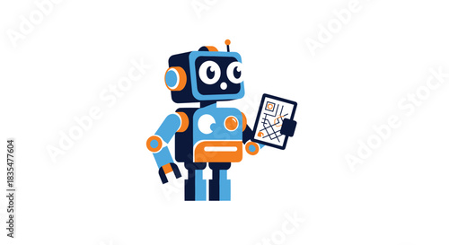 Cartoon robot navigates with a digital map