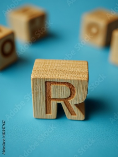 A wooden block with the letter R on it. The block is on a blue surface