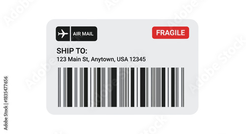 Air mail label for shipping, showing address, barcode, and "Fragile" notice