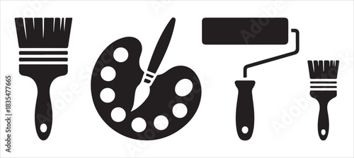 Painting tools silhouette icons set brush roller and palette with paint brush art supplies