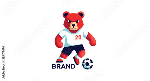 Illustrated red bear in soccer uniform, dribbling the ball