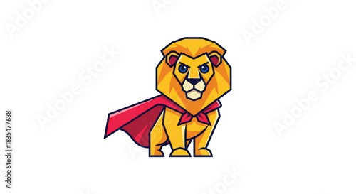 Cartoonish yellow lion, with blue eyes, wearing a red cape