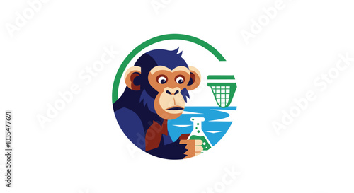Cartoon monkey in a circle holds a lab flask near a river with a net