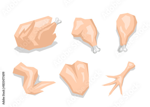 Chicken Meat Cuts Vector Set, including drumstick, thigh, breast, wing, and claw. Clean, simple, and suitable for food icons, menus, packaging, or culinary designs.
