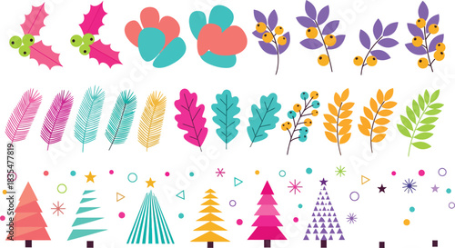 A vibrant collection of whimsical hand drawn botanical elements and festive holiday trees in a playful and colorful artistic style