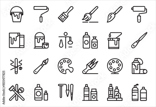 Paint and brush icon set in outline style, creative art tools and artist supplies